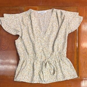 Sweet Rain Cream Flutter Sleeve Wrap Blouse With Front Tie Sz. M